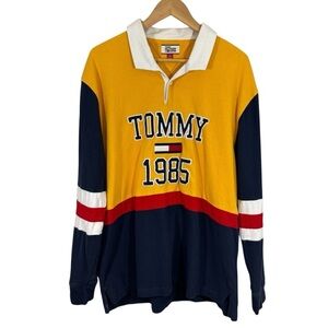 Tommy Hilfiger Rugby Shirt Mens XL Blue Yellow Stripe Spellout Collared GUC